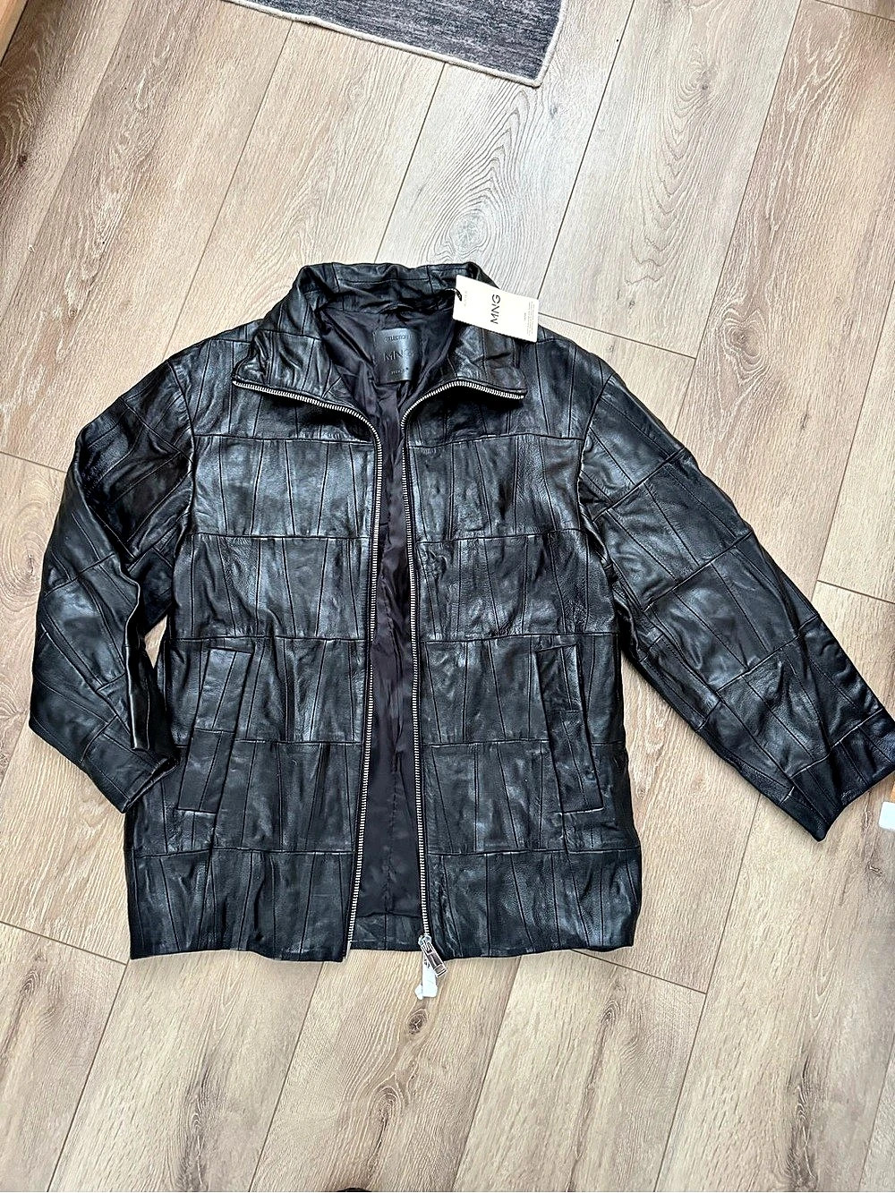 Mango Oversized Patchwork Leather Coat Leather Coat in Black Small NWT